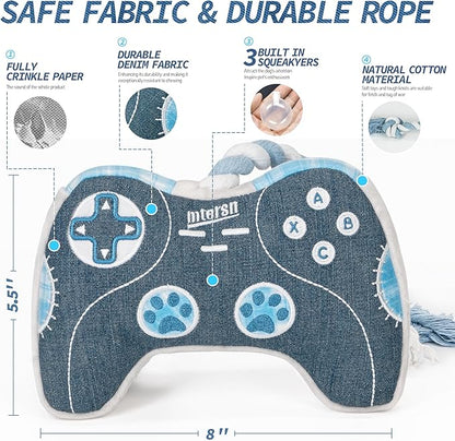 MTERSN Dog Squeaky Toys : Cute Plush Dog Toy with 3 Squeakers and Interactive Dogs Rope Toy with Full Crinkle Paper - Funny Game Controller Shaped Pet Toys for Puppy, Small, Medium Dogs (Denim)