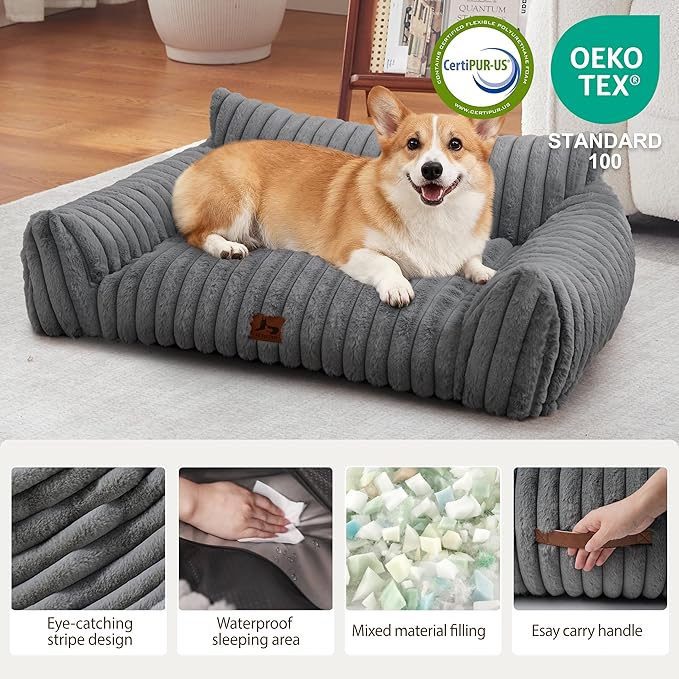 Warmrest Dog Couch for Pets, Cute Small Dog Bed Medium Size Dogs with Cozy Soft Faux Rabbit Fur for Small & Medium Dogs, Supportive Pet Sofa with Removable Washable Cover, Light Gray, 36"