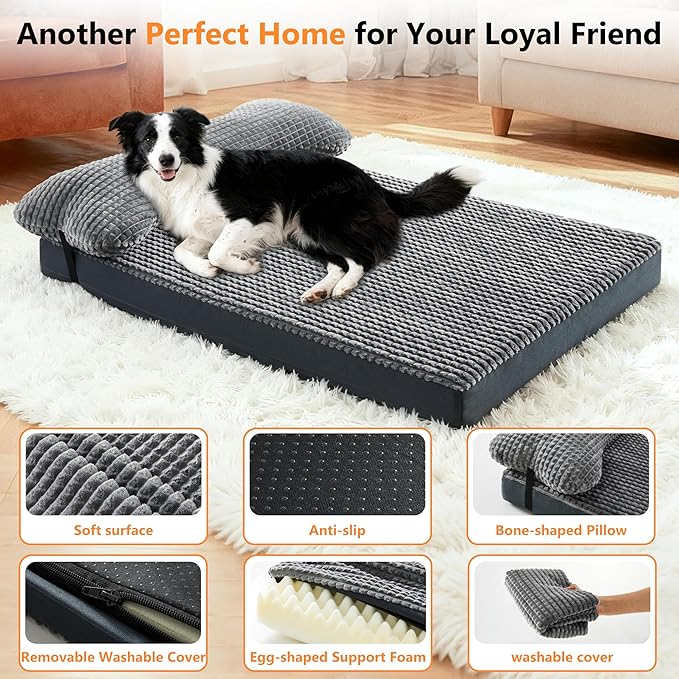 KISYYO Premium Orthopedic Dog Bed with Removable Pillow and Washable Cover – Extra Large Kennel Mat, Non-Slip Base & Plush Support for Pets, Grey (47" L x 29" W x 3.5" Th)