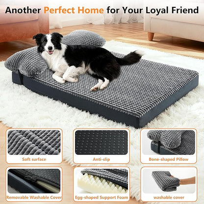 KISYYO Premium Orthopedic Dog Bed with Removable Pillow and Washable Cover – Extra Large Kennel Mat, Non-Slip Base & Plush Support for Pets, Grey (47" L x 29" W x 3.5" Th)