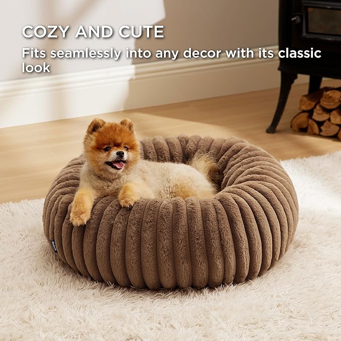 Bedsure ComfyFleece Donut Small Dog Bed - Dog Beds for Small Dogs with Corduroy Fleece & Anti Slip Bottom, Round Faux Fur Pet Beds with Washable Removable Cover, Camel Brown, 23x23x7 inches