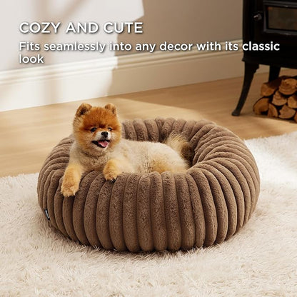 Bedsure ComfyFleece Donut Small Dog Bed - Dog Beds for Small Dogs with Corduroy Fleece & Anti Slip Bottom, Round Faux Fur Pet Beds with Washable Removable Cover, Camel Brown, 23x23x7 inches