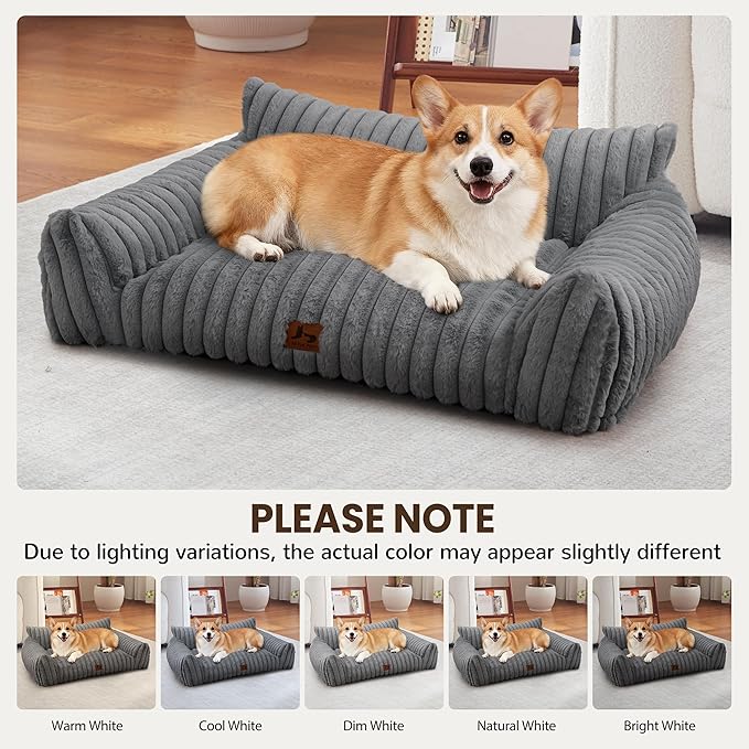 Warmrest Dog Couch for Pets, Cute Small Dog Bed Medium Size Dogs with Cozy Soft Faux Rabbit Fur for Small & Medium Dogs, Supportive Pet Sofa with Removable Washable Cover, Light Gray, 36"
