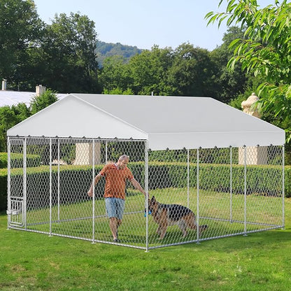 YITAHOME Outdoor Dog Kennel with Rotating Feeder Bowls & UV-Resistant Waterproof Cover, 14.8×14.8×7.9FT Outside Dog Enclosure for Yard, Heavy Duty Dogs Cage for Medium Large Dogs
