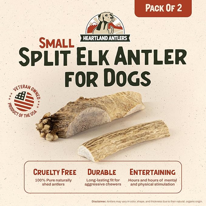 Heartland Whole Elk Antlers for Dogs (4–5”, 2-Pack) – Long-Lasting, Odorless Dental Chews for Small Breed Aggressive Chewers – USA Sourced, Natural Antler Bones to Reduce Tartar & Curb Boredom