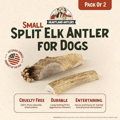 Heartland Whole Elk Antlers for Dogs (4–5”, 2-Pack) – Long-Lasting, Odorless Dental Chews for Small Breed Aggressive Chewers – USA Sourced, Natural Antler Bones to Reduce Tartar & Curb Boredom