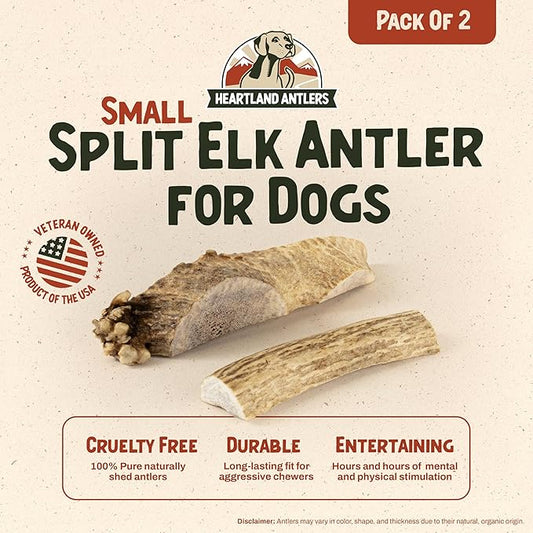 Heartland Whole Elk Antlers for Dogs (4–5”, 2-Pack) – Long-Lasting, Odorless Dental Chews for Small Breed Aggressive Chewers – USA Sourced, Natural Antler Bones to Reduce Tartar & Curb Boredom