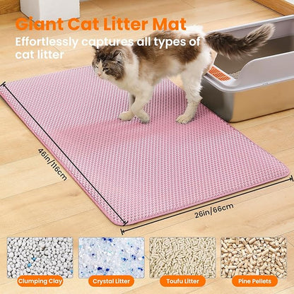 Petinstinct Jumbo Cat Litter Mat, 46x26 Inches Double Layer Honeycomb Litter Trapping Mat, Non Slip Waterproof Urine Proof Extra Large Cat Litter Box Mat, Kitten Supplies and Essentials, XXL, Pink