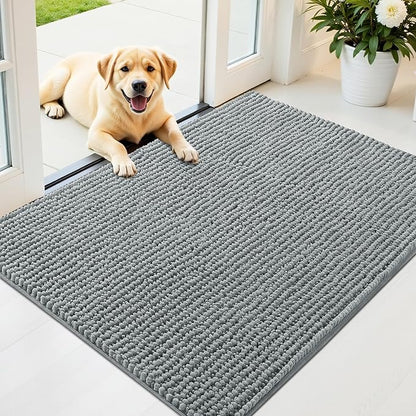 OLANLY Dog Door Mat for Muddy Paws 40x32, Ultra Absorbent Chenille Mud Doormat, Non-Slip Washable and Dirt Trapping Doormat for Indoor Entryway, Quick-Dry Indoor Pet Bed Mats for Dogs, Grey
