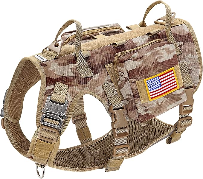 Forestpaw Tactical Dog Harness Tactical Dog Collar with Bungee Leash Set,No Pull Military Dog Harness for Walking Training,Adjustable for Medium Large Dogs,Camouflage Brown,Chest 15.5-25.5"