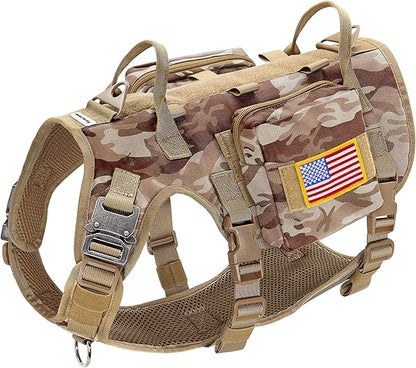 Forestpaw Tactical Dog Harness Tactical Dog Collar with Bungee Leash Set,No Pull Military Dog Harness for Walking Training,Adjustable for Medium Large Dogs,Camouflage Brown,Chest 15.5-25.5"