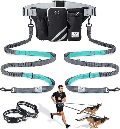SHINE HAI Retractable Hands Free Dog Leash with Dual Bungees for 2 Dogs, Adjustable Waist Belt Fanny Pack, Reflective Stitching Leash for Running Walking Hiking Jogging Biking Black