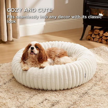Bedsure ComfyFleece Donut Medium Dog Bed - Washable Faux Fur with Corduroy Fleece & Anti Slip Bottom, Round Pet Bed with Removable Cover, Cream, 30x30x8 inches