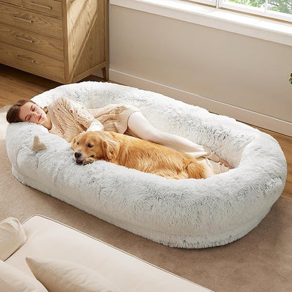 Bedsure Calming Human Dog Bed, 71" x 44" x 12" Giant Human Dog Bed for Adults People Fits Pet Families with Storage Pocket, Fluffy Faux Fur Orthopedic Pet Bean Bed, Frost Grey