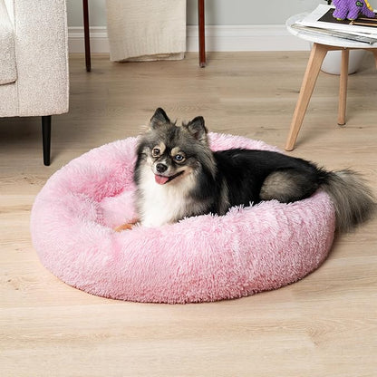 PetAmi Calming Dog Bed for Small & Medium Dogs and Cats, 23” Round Donut Dog Bed, Washable Fluffy Faux Fur Puppy & Cat Bed, Anti-Anxiety Plush Cuddler Pet Bed with Anti-Slip Bottom - Pink