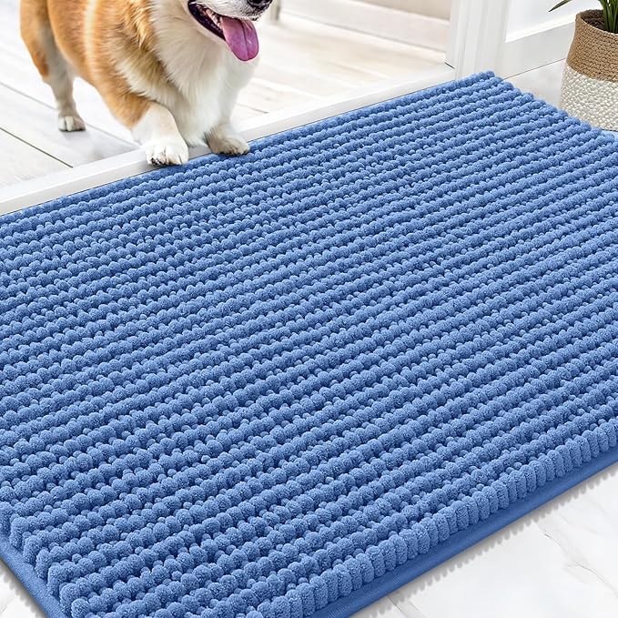 OLANLY Dog Door Mat for Muddy Paws 30x20, Ultra Absorbent Chenille Mud Doormat, Non-Slip Washable and Dirt Trapping Doormat for Indoor Entryway, Quick-Dry Indoor Pet Bed Mats for Dogs, Cornflower Blue