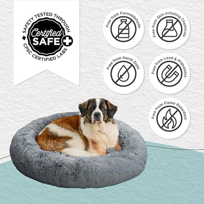Best Friends by Sheri Original Calming Donut Dog and Cat Bed, Shag Faux Fur, Gray, XL (45in x 45in) - Anxiety Relief for Pets Up to 150 lbs