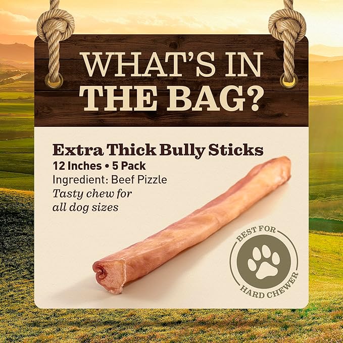 Pet Odor-Free Extra-Thick Jumbo Bully Sticks for Large Dogs (12", 5 Pack) – All-Natural, Long-Lasting Dog Chews Made from 100% Grass-Fed Beef, High-Protein & Grain-Free.
