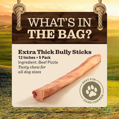 Pet Odor-Free Extra-Thick Jumbo Bully Sticks for Large Dogs (12", 5 Pack) – All-Natural, Long-Lasting Dog Chews Made from 100% Grass-Fed Beef, High-Protein & Grain-Free.
