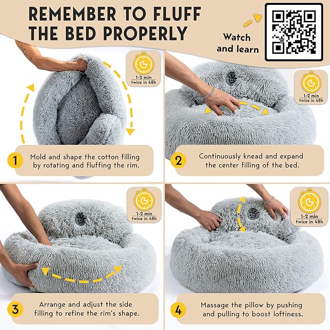 PetJett Calming Dog Beds Large Sized Dog - 36'' Round Bed, Anti-Slip & Washable Super Soft Donut Bed, Fluffy Faux Fur Anti-Anxiety Premium Comfort Pet Bed, Fits Dogs up to 80 lbs - Bright Grey