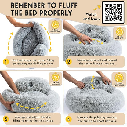 PetJett Calming Dog Beds Large Sized Dog - 36'' Round Bed, Anti-Slip & Washable Super Soft Donut Bed, Fluffy Faux Fur Anti-Anxiety Premium Comfort Pet Bed, Fits Dogs up to 80 lbs - Bright Grey