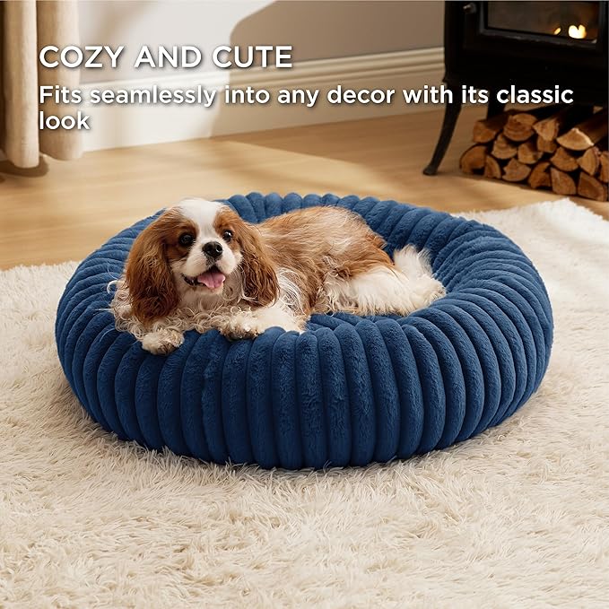 Bedsure ComfyFleece Donut Medium Dog Bed - Washable Faux Fur with Corduroy Fleece & Anti Slip Bottom, Round Pet Beds with Removable Cover, Night Blue, 30x30x8 inches
