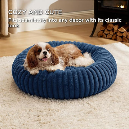 Bedsure ComfyFleece Donut Medium Dog Bed - Washable Faux Fur with Corduroy Fleece & Anti Slip Bottom, Round Pet Beds with Removable Cover, Night Blue, 30x30x8 inches