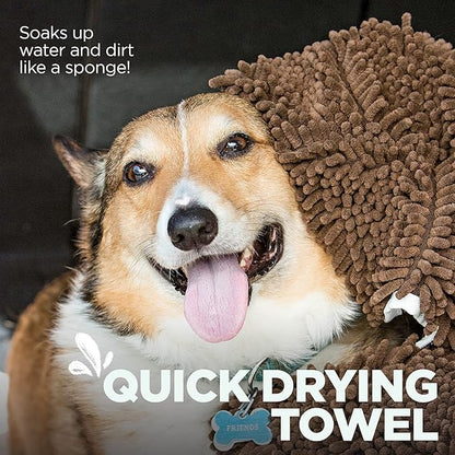 Soggy Doggy Super Shammy Dog Towel - Microfiber Chenille Towel for Drying Dogs and Cleaning Paws - Fast Drying with Hand Pockets for Ease (Dark Chocolate/Oatmeal Trim, 31” x 14”)