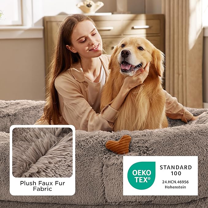 Bedsure Calming Human Dog Bed, 71" x 44" x 12" Giant Human Dog Bed for Adults People Fits Pet Families with Storage Pocket, Fluffy Faux Fur Orthopedic Pet Bean Bed, Camel