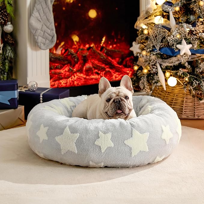 LE SURE Donut Medium Dog Bed - Round Cat Sofa for Indoor Cats Calming Bed Gift for Pets, Cute Modern Beds with Jacquard Shaggy Plush & Anti Slip Bottom, 30 Inch, Christmas Grey