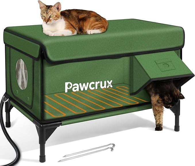Weatherproof Heated Cat House for Outdoor in Winter, Heated Cat Bed Kitty Shelter with Cat Heating Pad, Insulated & Safe Escape Door, Warm House for Outside Stray Cat (Green, 17.6"x25.5"x17.9")