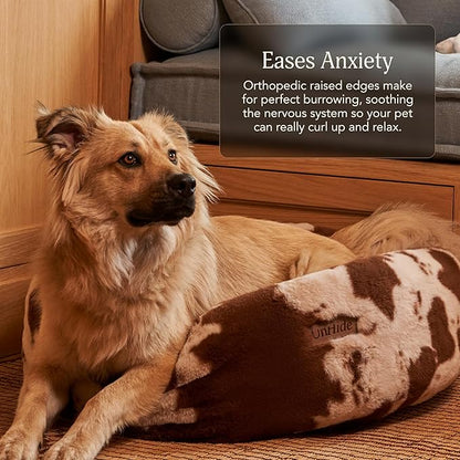 UnHide Floof Pet Bed - Large (35" x 12") - Extra Soft Dog Bed - Removable Faux Fur Cover - Machine Washable - Helps Ease Pet Anxiety & Provides The Perfect Sleep - Cowhide