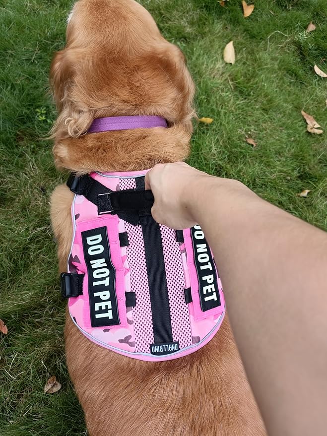 Tactical Dog Harness for Medium and Large Breeds, Air Dog Vest No Pull with Reflective Do Not Pet Patches, Breathable Dog Molle Vests for Training Walking Hunting Camo Pink