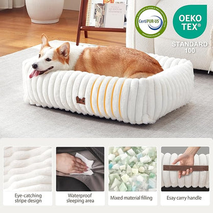 Warmrest Washable Dog Bed for Small Medium Dogs - Rectangle Orthopedic Corduroy Fleece Pet Bed with Removable Cover and Nonskid Bottom, Calming Puppy Bed Soft Pet Sofa, Cream(30x24x8inchs)