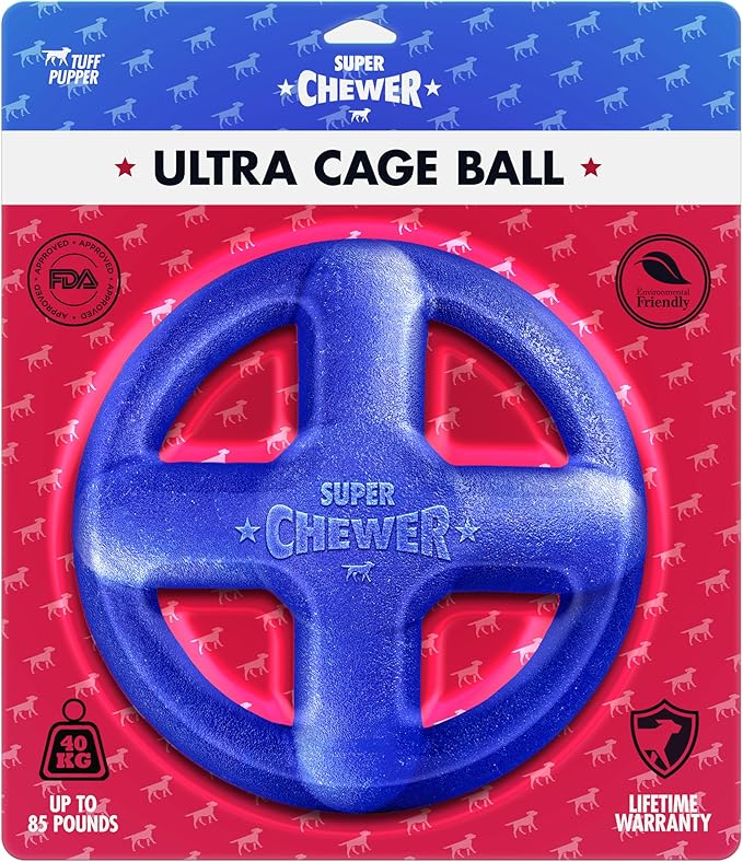 SuperChewer Tough Dog Cage Ball Toy | Lifetime Replacement | Strong Natural Rubber | Great Dog Fetch Toy | Chew Toys for Dogs | Ultra Durable Chew Toys fsor Aggressive Chewers | For Large Breeds