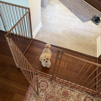 No Pawblems Free Standing Dog Gate with Door, 30'' Tall Foldable Dog Fence for Indoor & Outdoor, Up to 78 Inch Extra Wide Puppy Gate for Stairs, Hallways, Doorways, Deck, Yard (Wood Pattern, 3 Panels)