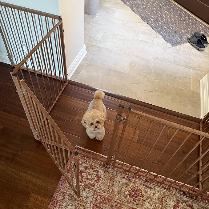 No Pawblems Free Standing Dog Gate with Door, 30'' Tall Foldable Dog Fence for Indoor & Outdoor, Up to 156" Extra Wide Puppy Gate for Stairs, Hallways, Doorways, Deck, Yard (Wood Pattern, 6 Panels)