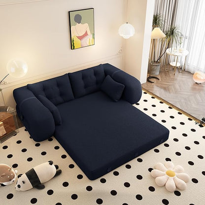 KEIKI 78.7" Human-Sized Dog Bed, 3-in-1 Foldable Sleeper Sofa Bed for Adults, Convertible Floor Couch & Lazy Lounge Chair with Teddy Fabric Foam Filling, Dark Blue