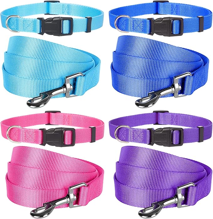 Weewooday 8 Pieces Dog Collar and Leash Set Nylon Adjustable Dog Collars and Leash Personalized Puppy Supplies for Small Medium Large Pet Walking Training, 4 Colors