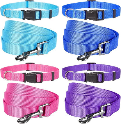 Weewooday 8 Pieces Dog Collar and Leash Set Nylon Adjustable Dog Collars and Leash Personalized Puppy Supplies for Small Medium Large Pet Walking Training, 4 Colors