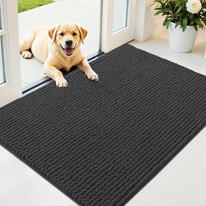 OLANLY Dog Door Mat for Muddy Paws 44x32, Ultra Absorbent Chenille Mud Doormat, Non-Slip Washable and Dirt Trapping Doormat for Indoor Entryway, Quick-Dry Indoor Pet Bed Mats for Dogs, Dark Grey