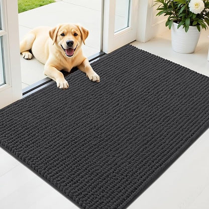 OLANLY Dog Door Mat for Muddy Paws 44x32, Ultra Absorbent Chenille Mud Doormat, Non-Slip Washable and Dirt Trapping Doormat for Indoor Entryway, Quick-Dry Indoor Pet Bed Mats for Dogs, Dark Grey
