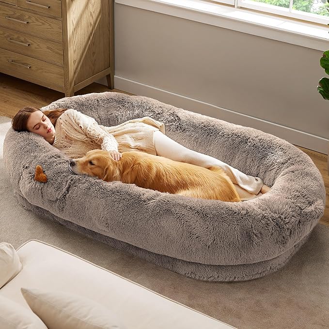 Bedsure Calming Human Dog Bed, 71" x 44" x 12" Giant Human Dog Bed for Adults People Fits Pet Families with Storage Pocket, Fluffy Faux Fur Orthopedic Pet Bean Bed, Camel