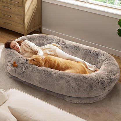Bedsure Calming Human Dog Bed, 71" x 44" x 12" Giant Human Dog Bed for Adults People Fits Pet Families with Storage Pocket, Fluffy Faux Fur Orthopedic Pet Bean Bed, Camel