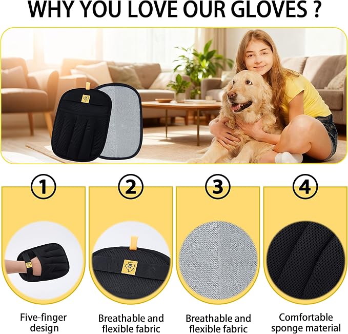 Cat Hair Remover Glove – Reusable Washable Electrostatic Pet Hair Removal Glove for Clothes, Couch & Car – 5-Finger Cleaning Glove for Cats & Dogs, Magic Brush – 1Pcs (Black)