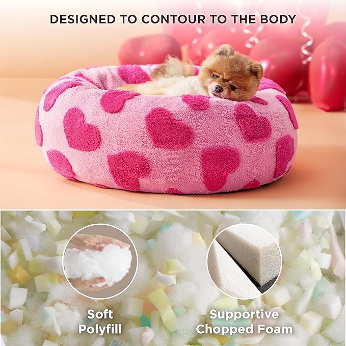 LE SURE Donut Small Dog Bed - Round Cat Beds Indoor Calming Valentine's Day Gift for Pets, Washable Cute Home Decor Beds with Jacquard Shaggy Plush & Anti Slip Bottom, 23 Inch, Lover Hearts