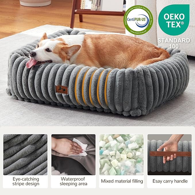 Warmrest Washable Dog Bed for Small Medium Dogs - Rectangle Orthopedic Corduroy Fleece Pet Bed with Removable Cover and Nonskid Bottom, Calming Puppy Bed Soft Pet Sofa, Grey(30x24x8inchs)