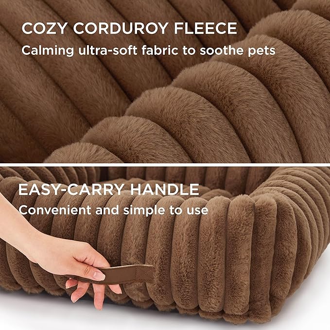 Bedsure ComfyFleece Cute Dog Bed for Small Dogs & Cats - Washable Furry Puppy Beds, Rectangle Orthopedic Corduroy Fleece Pet Beds with Removable Zipper Cover, 20x19x6inches, Camel Brown