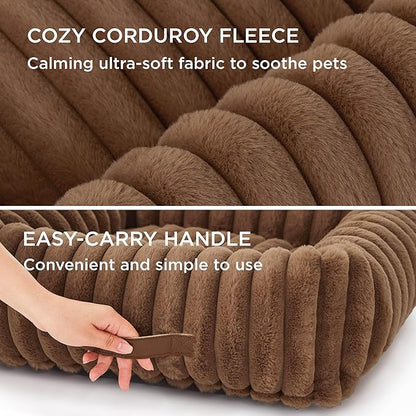 Bedsure ComfyFleece Washable Dog Bed for Medium Dogs - Cute Furry Puppy Beds, Rectangle Orthopedic Corduroy Fleece Pet Beds with Removable Zipper Cover, 30x24x8inches, Camel Brown