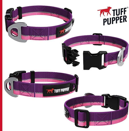 Tuff Pupper Heavy Duty Dog Collar | Tough Dogs Collar | Reflective Collars with Aluminum D-Ring Leash Clip | Separate ID Tag Attachment Keeps Engraved Dog Tags Quiet | Easy Sizing for All Breeds